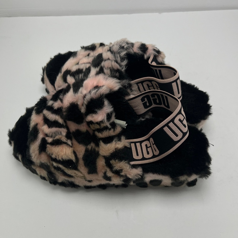 UGG Fluff Yeah Slide Pink Black Leopard Animalia Print Slingback Sandals Sz 6 - Picture 2 of 5